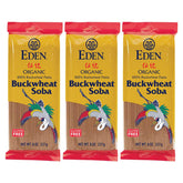 Eden front packaging showing 100% organic buckwheat soba, clear product view and benefits