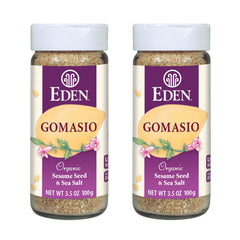 Eden Foods gomasio front packaging shows jar and two‑pack benefit
