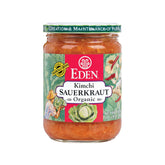Eden Foods jar front view showing label and organic kimchi sauerkraut, ready for pantry.