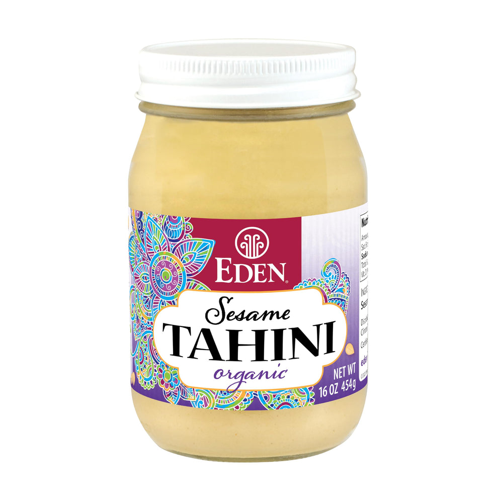 CREATION AND MAINTENANCE OF PURITY IN FOOD Eden tahini jar front view, clear labeling benefit