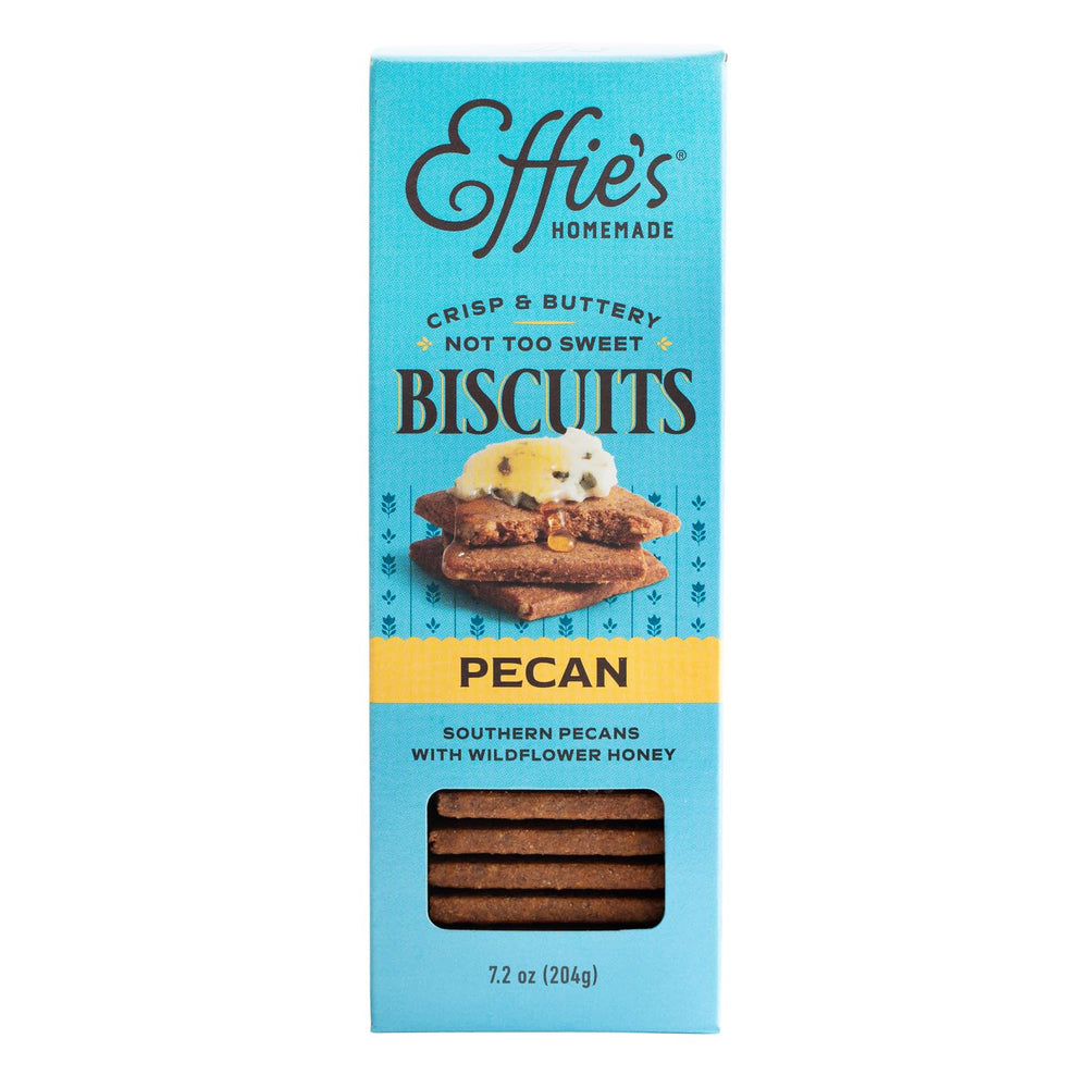 Effie's Homemade box front showing pecan biscuits and inviting presentation
