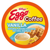 Eggo front packaging showing vanilla waffle flavor and 40 count, highlights convenience