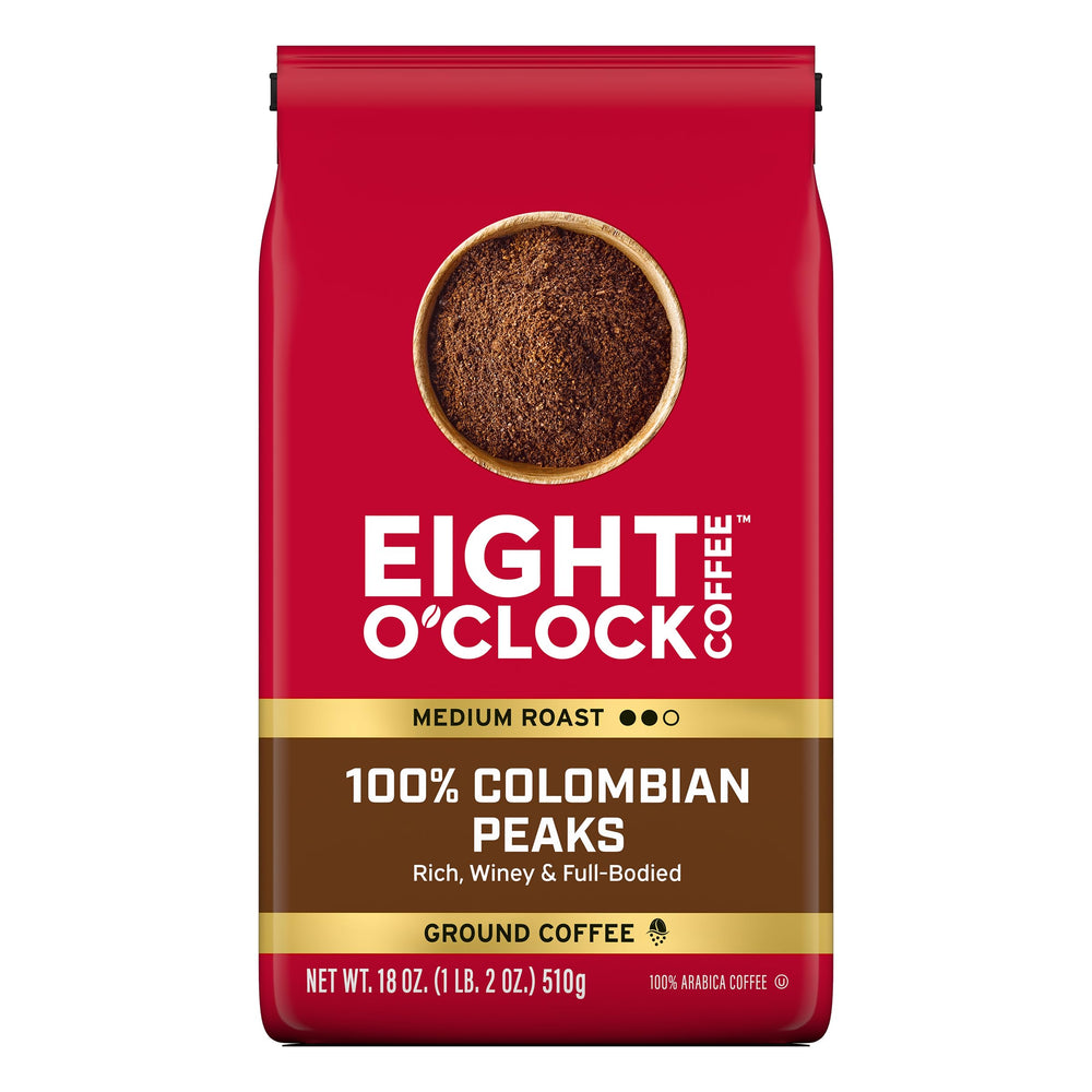 Eight O'Clock Coffee front of bag showing brand and medium roast for clear identification