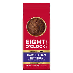 Eight O'Clock Coffee front pack showing bold dark roast branding and net weight