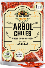 El Molcajete front packaging showing whole chile de arbol, helps preserve flavor