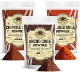 El Molcajete front packaging showing three chile powders and benefits