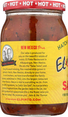 El Pinto jar top view with vibrant green salsa visible, highlighting freshness