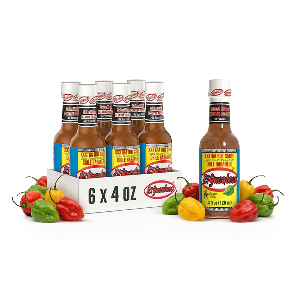 El Yucateco front packaging showing six 4 fl oz bottles and bold label, adds authentic heat