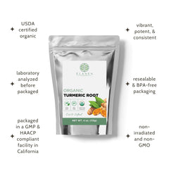 Elanen Naturals brewing turmeric tea in glass, highlights easy steeping