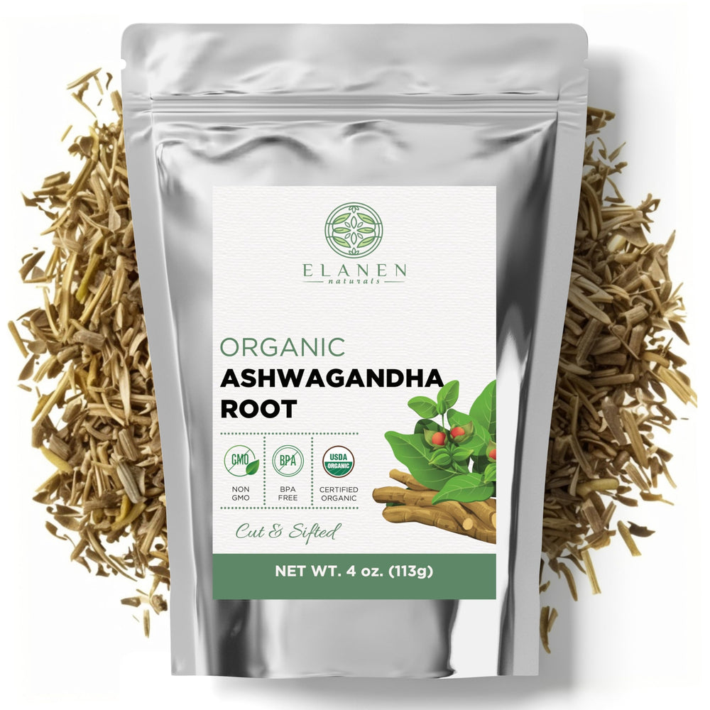 Elanen Naturals front pouch showing organic ashwagandha root and brand benefits