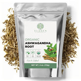 Elanen Naturals front pouch showing organic ashwagandha root and brand benefits