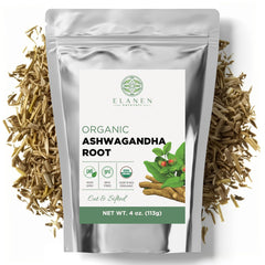 Elanen Naturals front pouch showing organic ashwagandha root and brand benefits