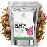 Elanen Naturals pouch front view showing red clover blossoms and organic seal for trust