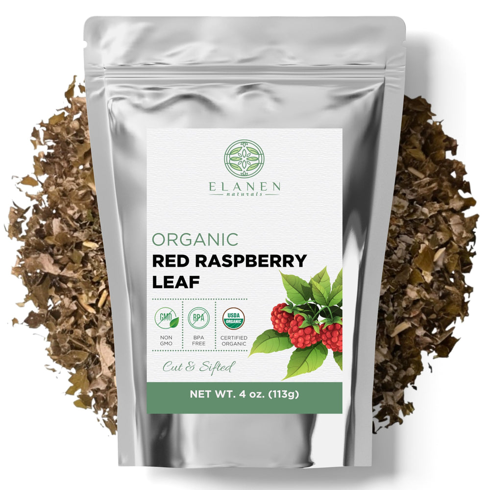 Elanen Naturals front pouch showing organic red raspberry leaf and clear labeling benefit clarity