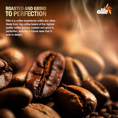 ELITE instant coffee granules close-up texture highlighting quick dissolution