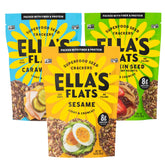 Ella's Flats front packaging showing three resealable pouches and flavor variety benefit