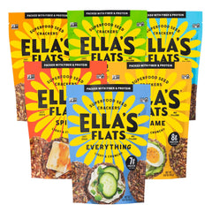 ELLA'S FLATS front packaging showing six-flavor variety and resealable pouch benefits