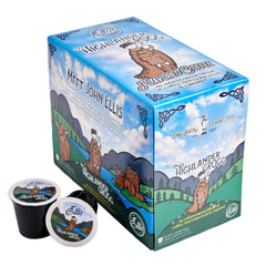 Ellis Coffee box front showing Highlander Grogg pods and flavor label for gift appeal