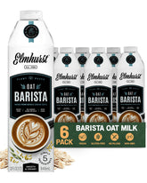 Elmhurst oat milk front packaging showing brand and 32oz size, convenient six-pack benefit