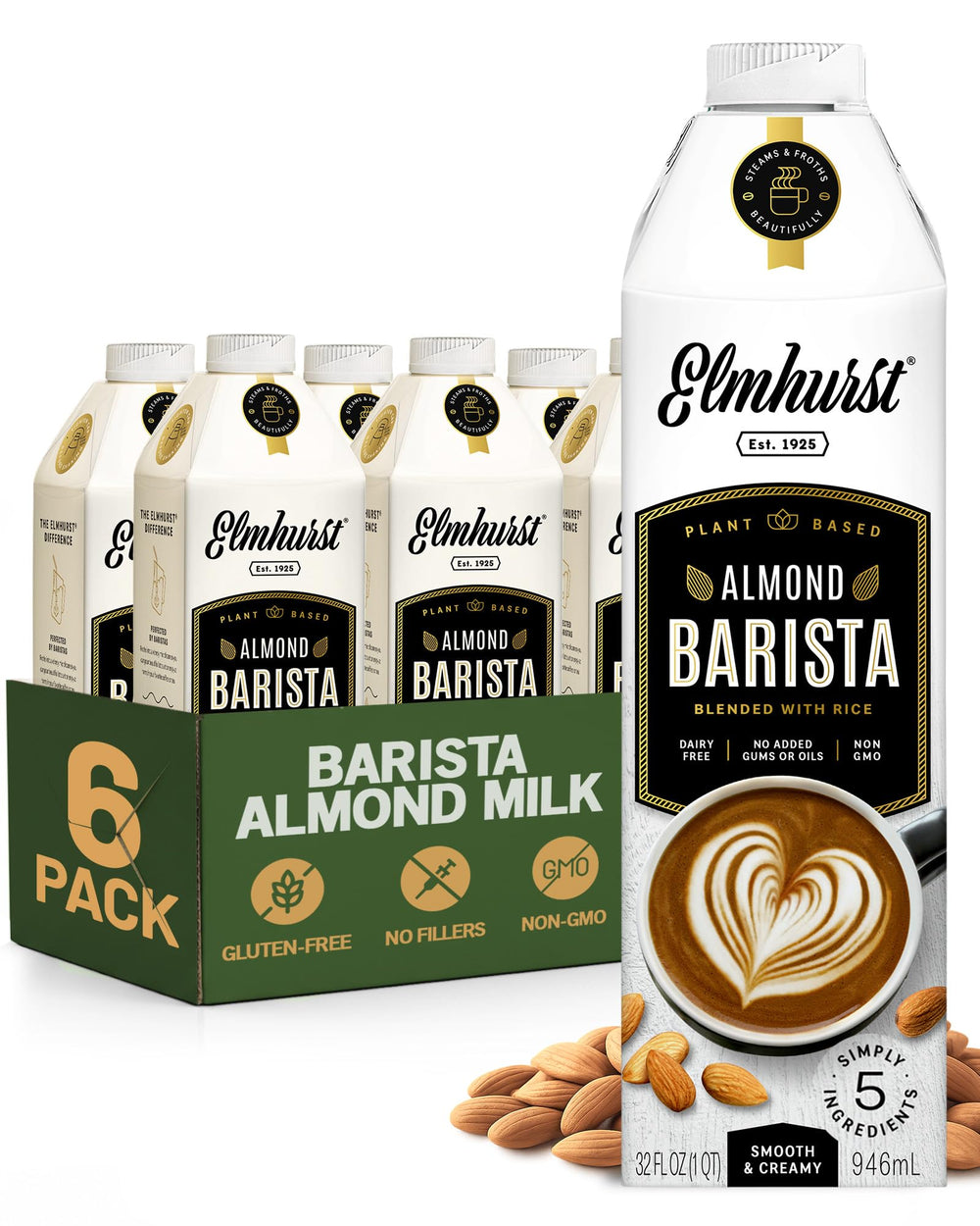 Elmhurst almond milk front packaging showing carton and branding benefit of clarity
