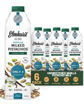 Elmhurst vanilla pistachio milk front packaging showing brand and unsweetened label for transparency