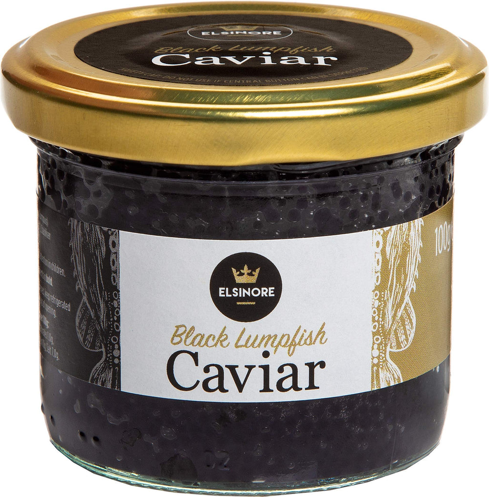 Elsinore front tin view showing caviar packaging and clear serving benefit