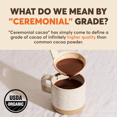 Embue mug with prepared ceremonial cacao showing frothy rich beverage