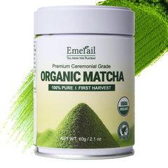EMERAIL front tin showing 60g ceremonial matcha, clear quality indication