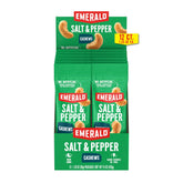Emerald front packaging showing salt and pepper cashews, clear product identity and convenience