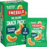Emerald front packaging shows seven 100-calorie salt and pepper cashew packs for convenience