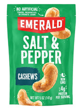 Emerald front packaging showing salted pepper cashews and portability benefit