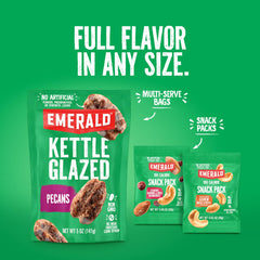 Emerald hands holding single-serve pouch demonstrating portability and quick snack benefit