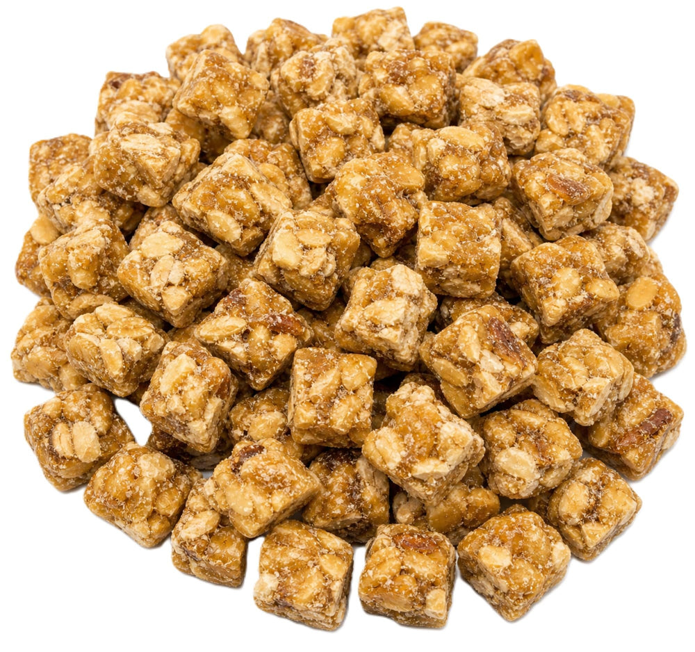 EMPORIUM front of bag showing 2 lb peanut squares and branding benefits freshness