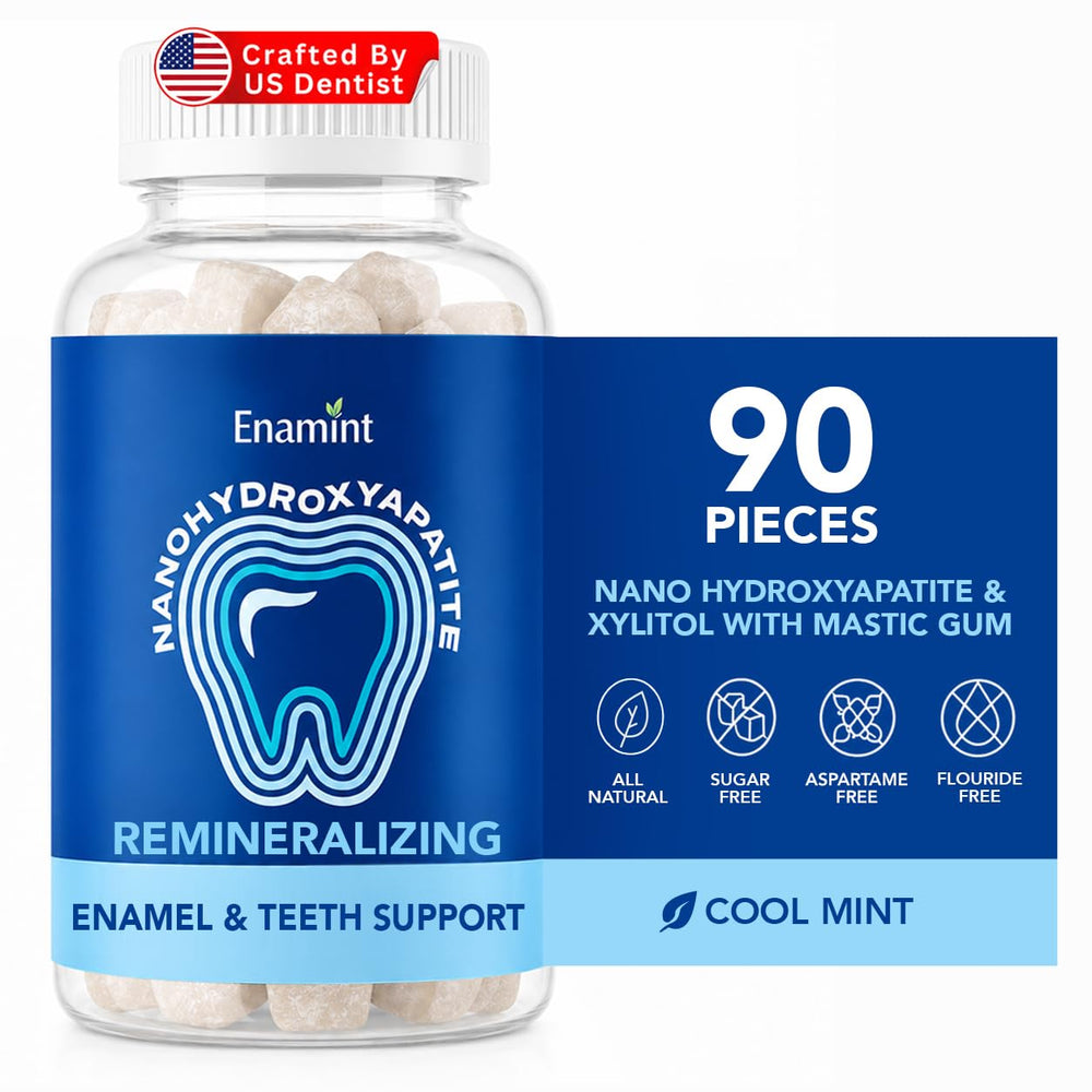 Enamint front packaging showing cool mint and 90-piece bottle benefit freshness