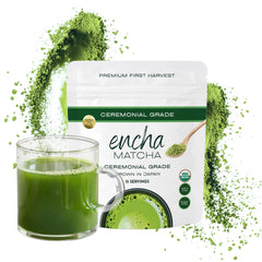 Encha matcha front packaging showing organic seal and vibrant green benefit