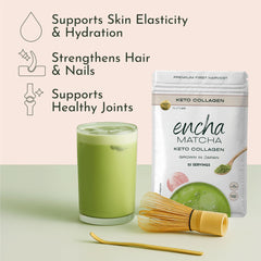 Encha matcha being whisked with frothy top, illustrating easy preparation and creamy result