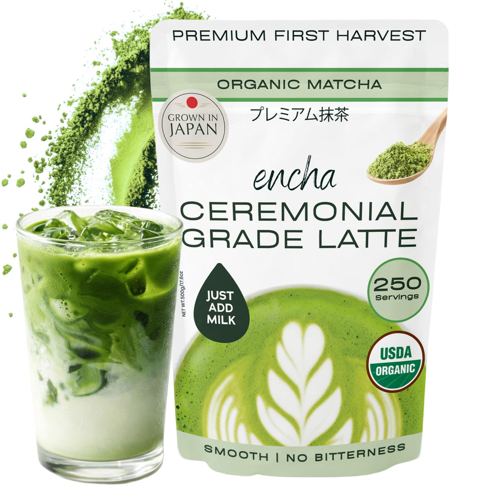 Encha matcha front pouch showing packaging and organic badge benefits
