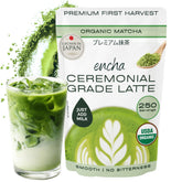Encha matcha front pouch showing packaging and organic badge benefits