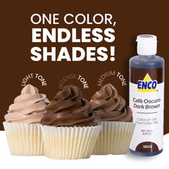 ENCO dark brown frosting swirl illustrating deep even color and piping hold