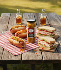 Enrico Formella relish spread on sandwich with visible peppers adding bold flavor