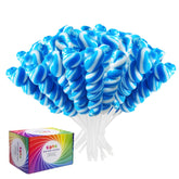 EORA front packaging showing 32 blueberry twisty lollipops, bright party-ready color