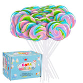 EORA front packaging showing 32 colorful mermaid swirl lollipops, ideal for parties