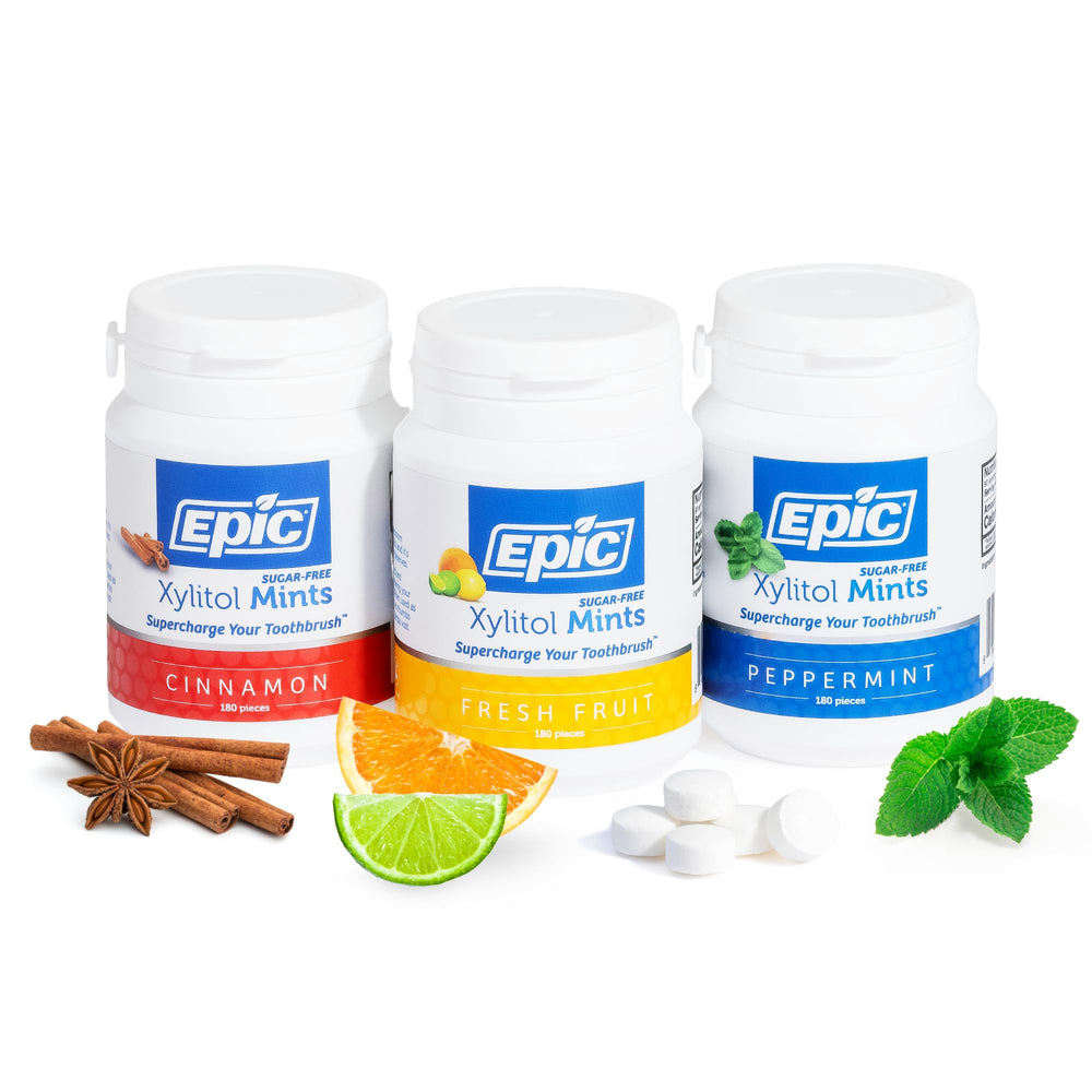 Epic front packaging trio showing three flavor tins and total count benefit