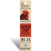 Epic front packaging showing sriracha chicken strip, reveals bold flavor
