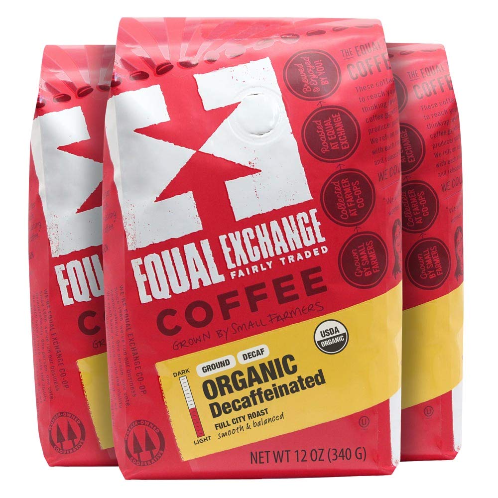 Equal Exchange decaf ground coffee front packaging showing label and certifications for convenience