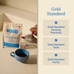 Equip decaf clean coffee brewed cup in lifestyle setting showing smooth flavor