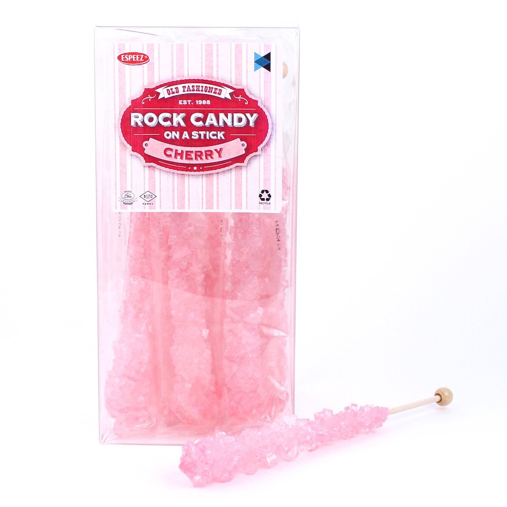 Espeez front packaging showing twelve pink cherry rock candy sticks and bold crystals