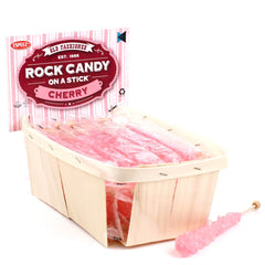 Espeez front packaging showing 24 pink cherry rock candy sticks and attractive display benefit