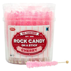 Espeez front packaging showing 36 pink cherry rock candy sticks and bright presentation