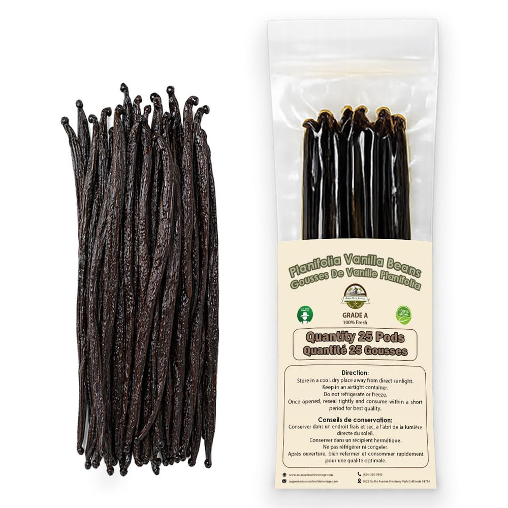 ESSENCE FOOD & BEVERAGE front packaging showing 25 Grade A vanilla beans and benefits
